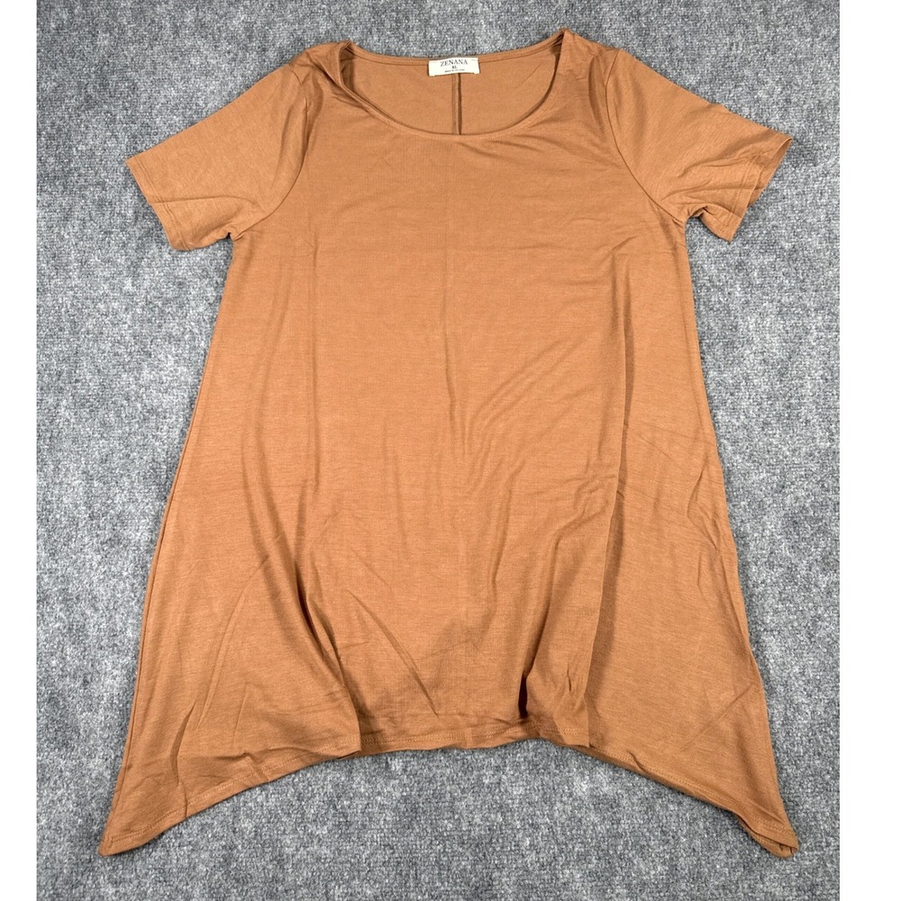 Zenana Womens XL Cognac Brown Sharkbite Hem Tunic Top Short‎ Sleeve NEW
